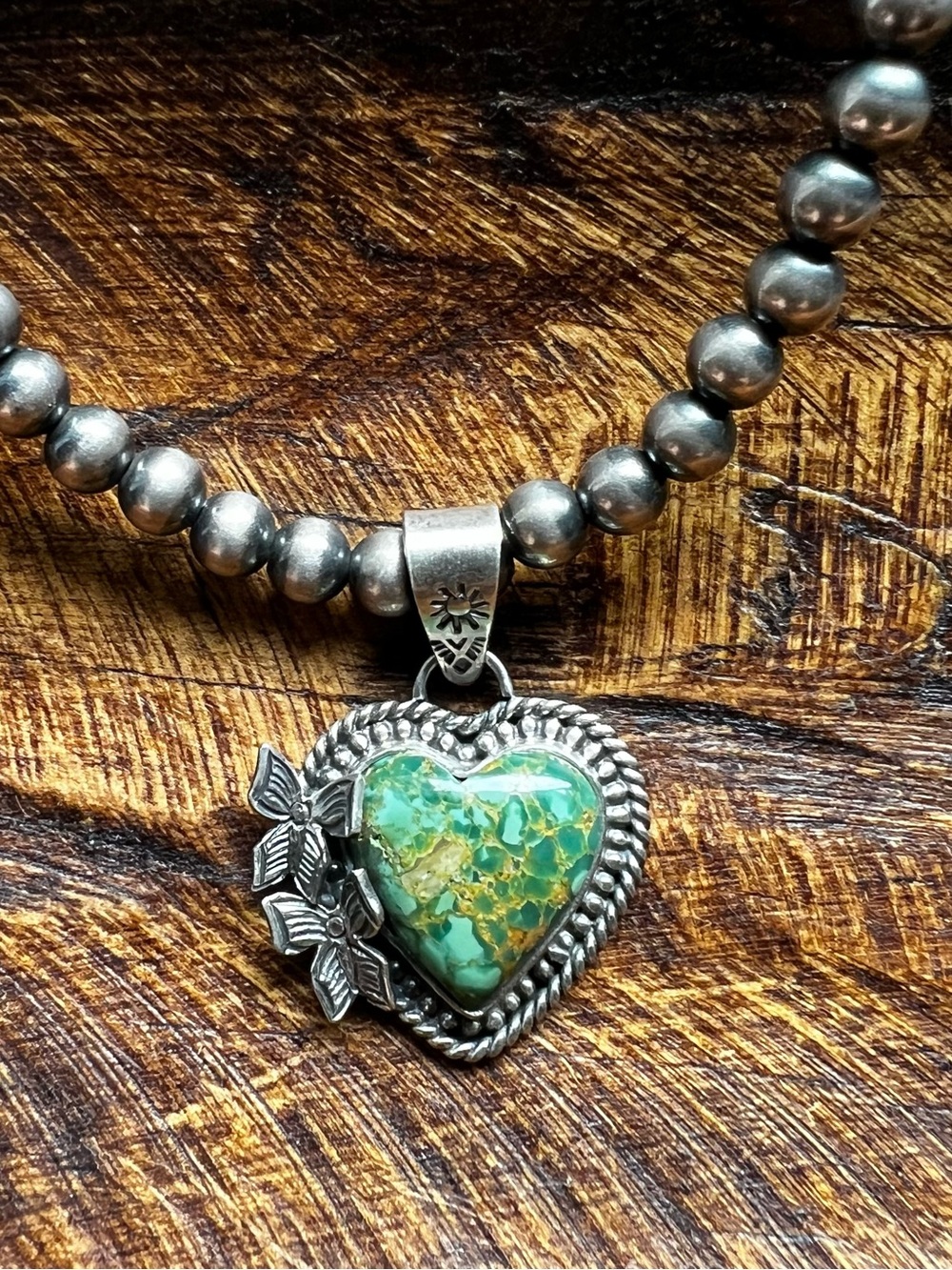 Sterling Silver Green Kingman Turquoise Heart Pendant | Southwestern - Picture 2 of 12